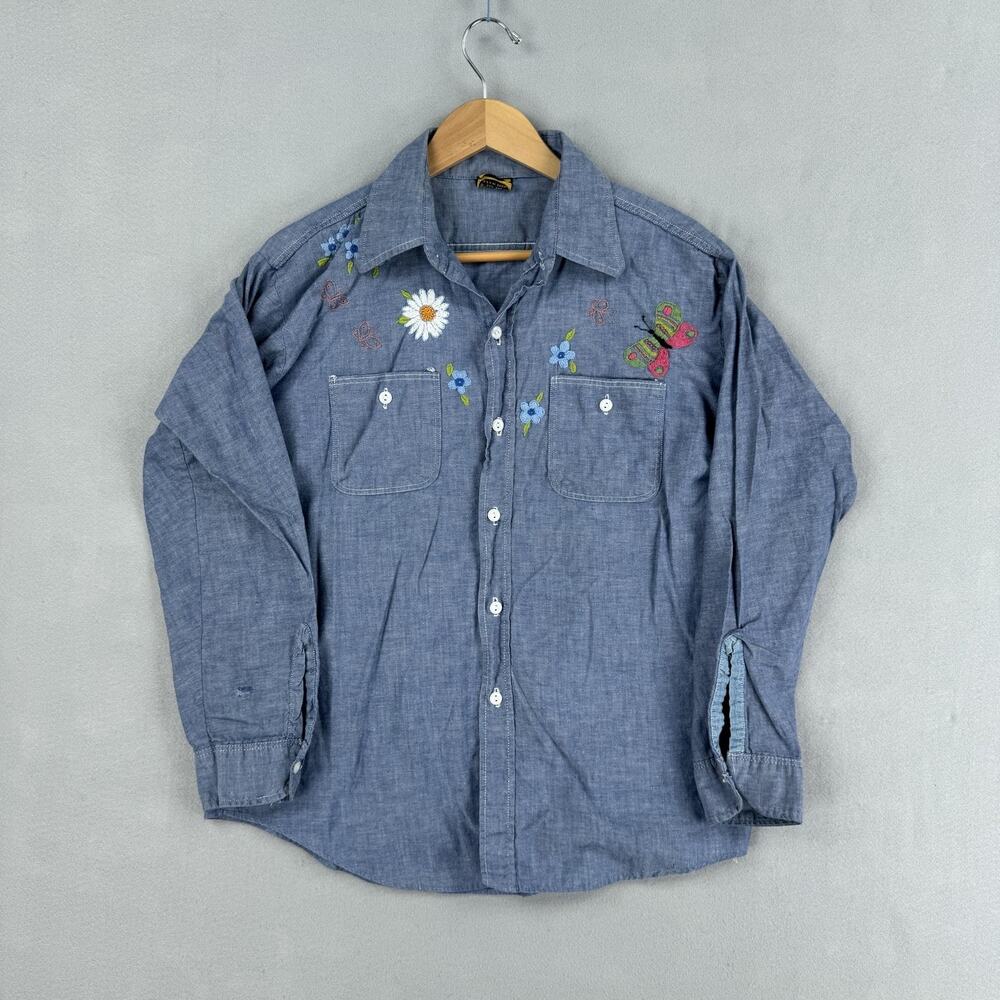 Vintage Washington Dee Cee Shirt Womens Medium Blue Chambray Embroidered Floral